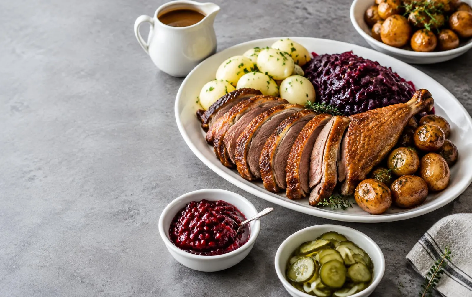 Stegt and med kartofler, rødkål og andesauce – Mortens Aften-menu